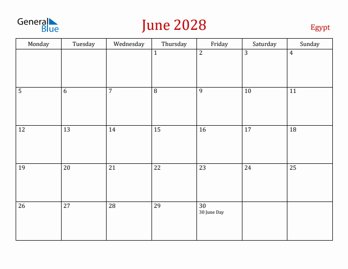 Egypt June 2028 Calendar - Monday Start