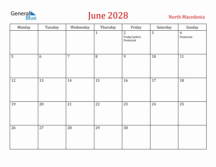 North Macedonia June 2028 Calendar - Monday Start