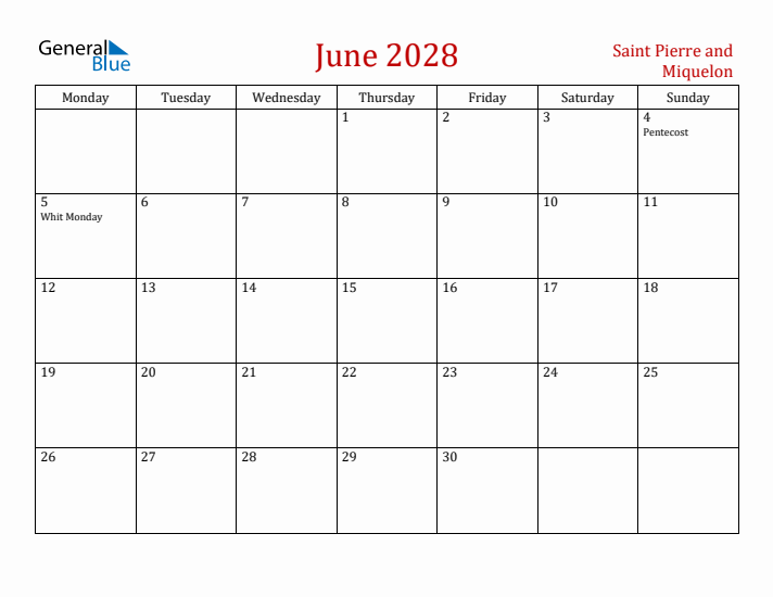 Saint Pierre and Miquelon June 2028 Calendar - Monday Start