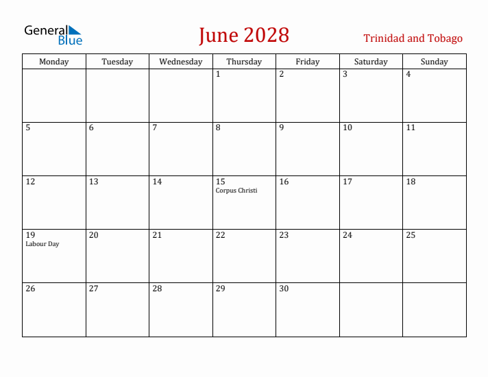 Trinidad and Tobago June 2028 Calendar - Monday Start