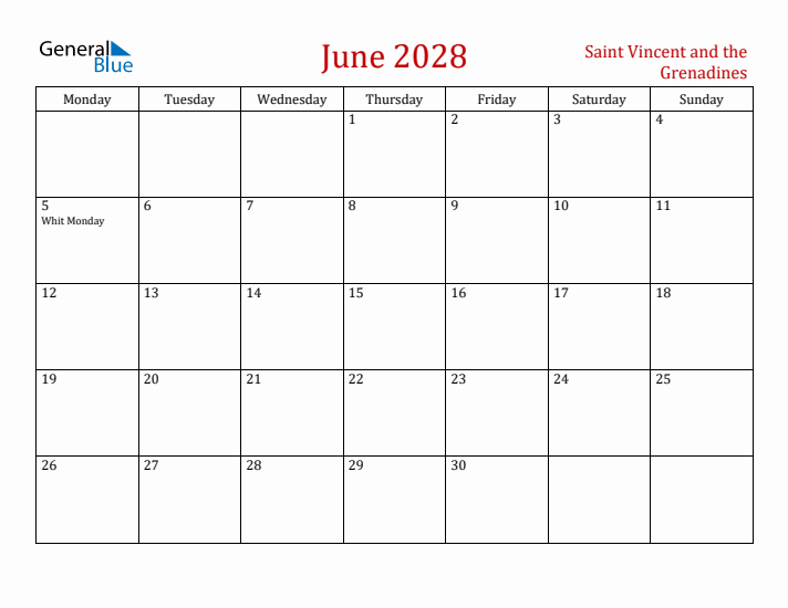 Saint Vincent and the Grenadines June 2028 Calendar - Monday Start