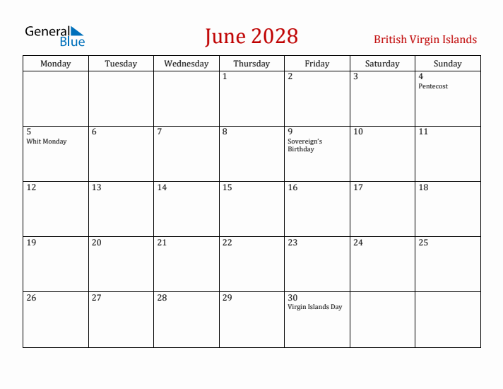 British Virgin Islands June 2028 Calendar - Monday Start