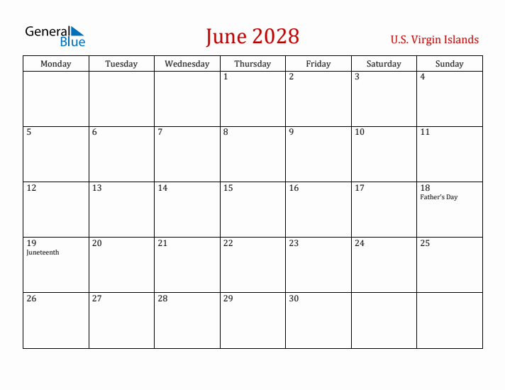 U.S. Virgin Islands June 2028 Calendar - Monday Start