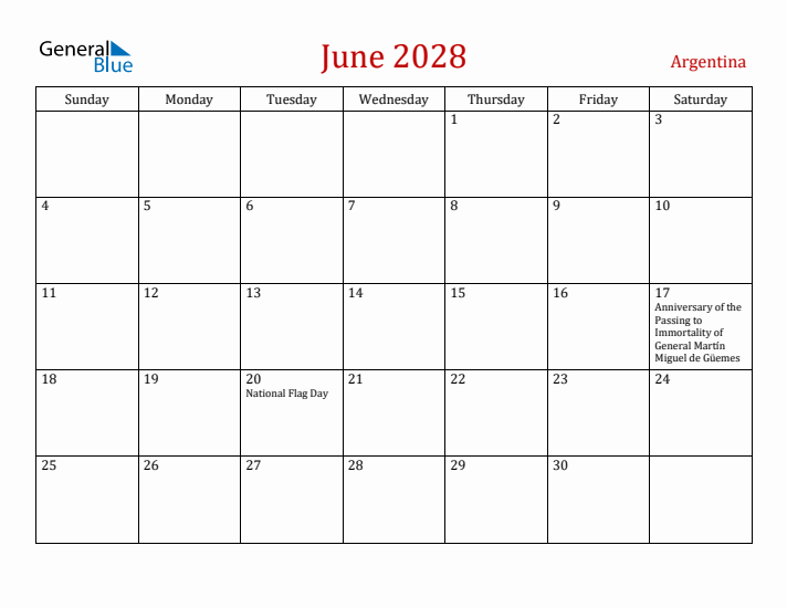 Argentina June 2028 Calendar - Sunday Start