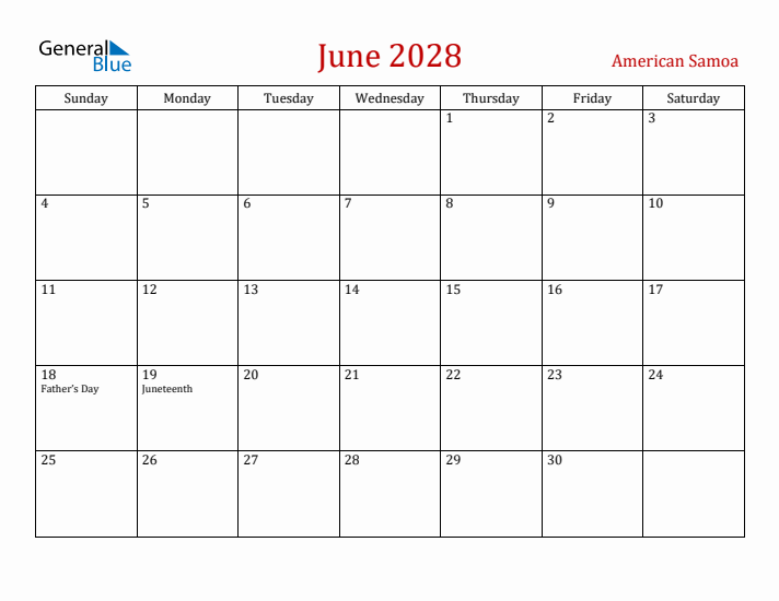 American Samoa June 2028 Calendar - Sunday Start