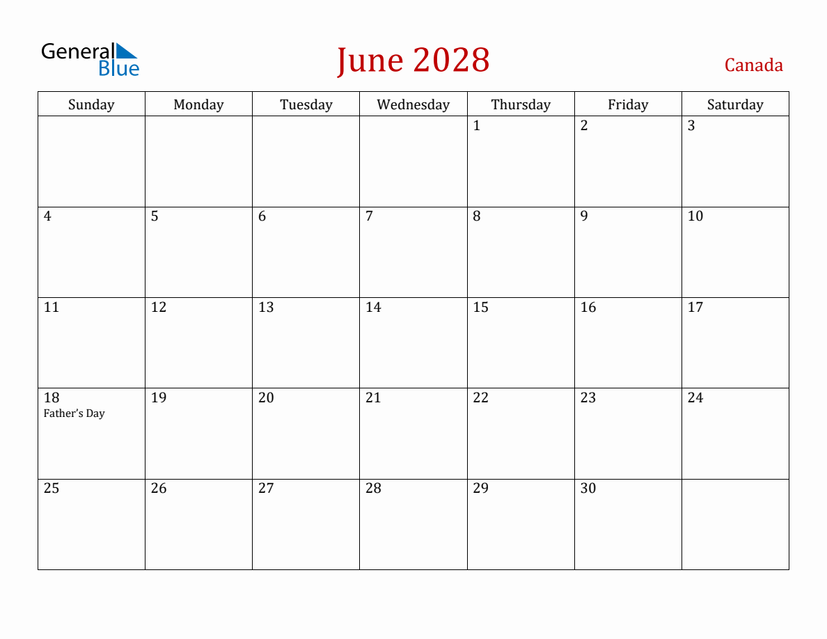 June 2028 Canada Monthly Calendar with Holidays