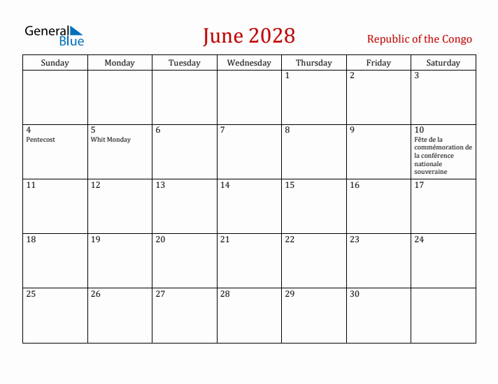 Republic of the Congo June 2028 Calendar - Sunday Start