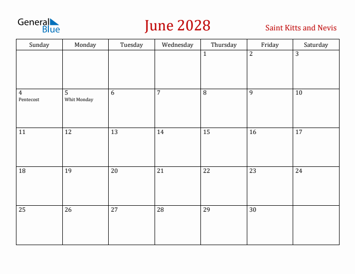 Saint Kitts and Nevis June 2028 Calendar - Sunday Start