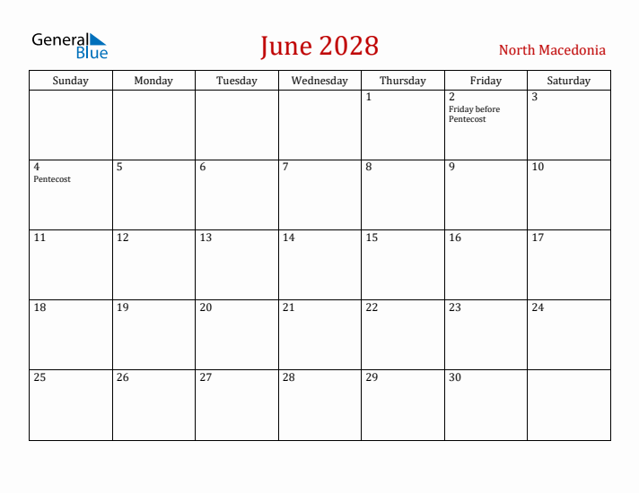 North Macedonia June 2028 Calendar - Sunday Start