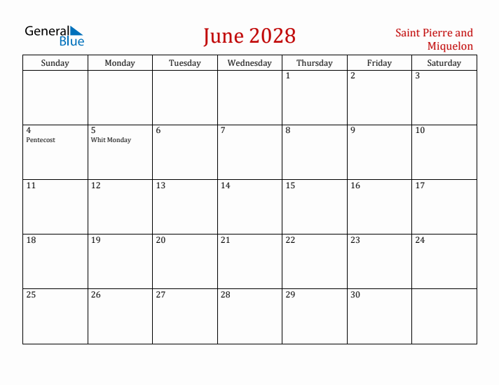 Saint Pierre and Miquelon June 2028 Calendar - Sunday Start