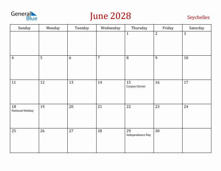 Seychelles June 2028 Calendar - Sunday Start