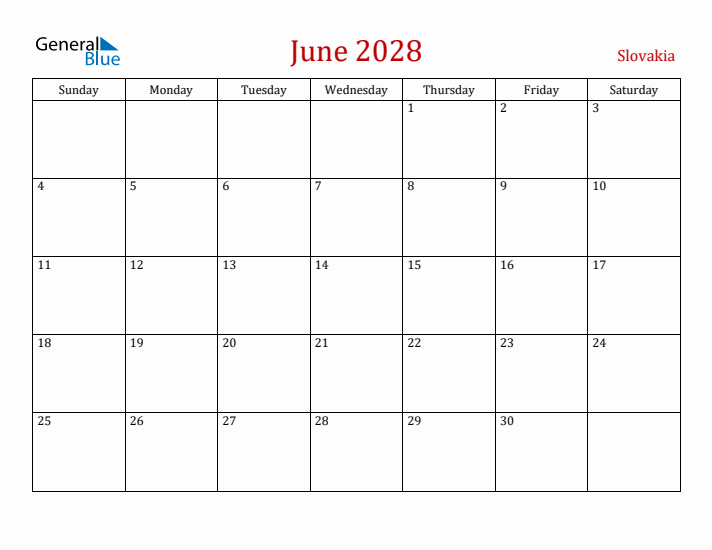 Slovakia June 2028 Calendar - Sunday Start