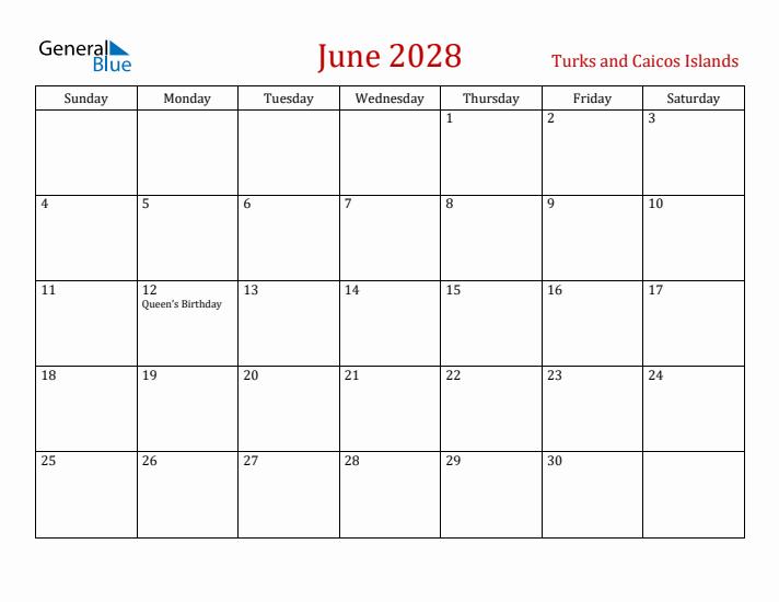 Turks and Caicos Islands June 2028 Calendar - Sunday Start