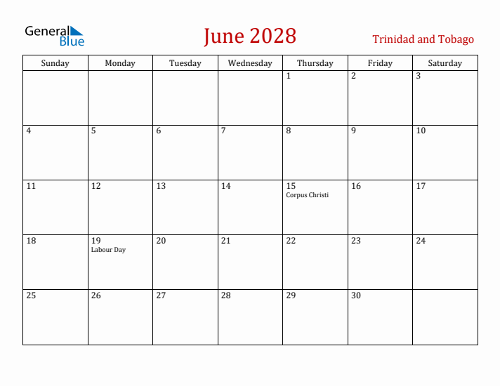 Trinidad and Tobago June 2028 Calendar - Sunday Start