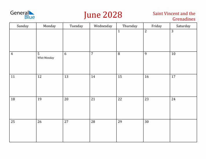 Saint Vincent and the Grenadines June 2028 Calendar - Sunday Start