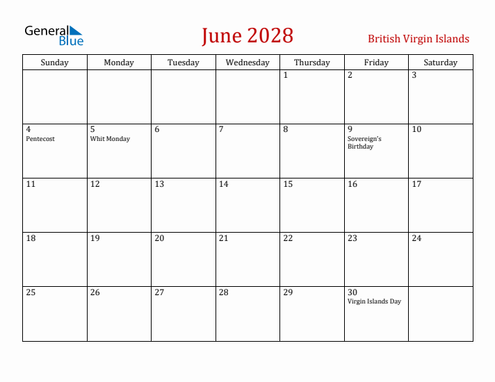 British Virgin Islands June 2028 Calendar - Sunday Start