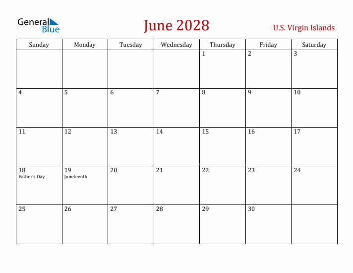 U.S. Virgin Islands June 2028 Calendar - Sunday Start