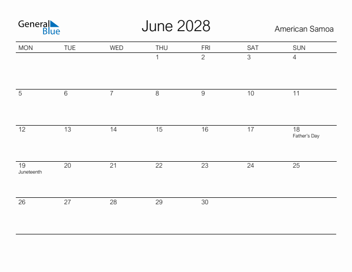 Printable June 2028 Calendar for American Samoa