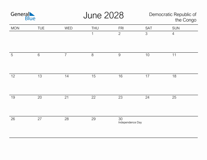 Printable June 2028 Calendar for Democratic Republic of the Congo