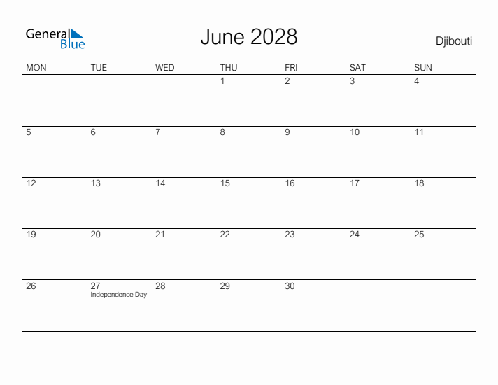 Printable June 2028 Calendar for Djibouti