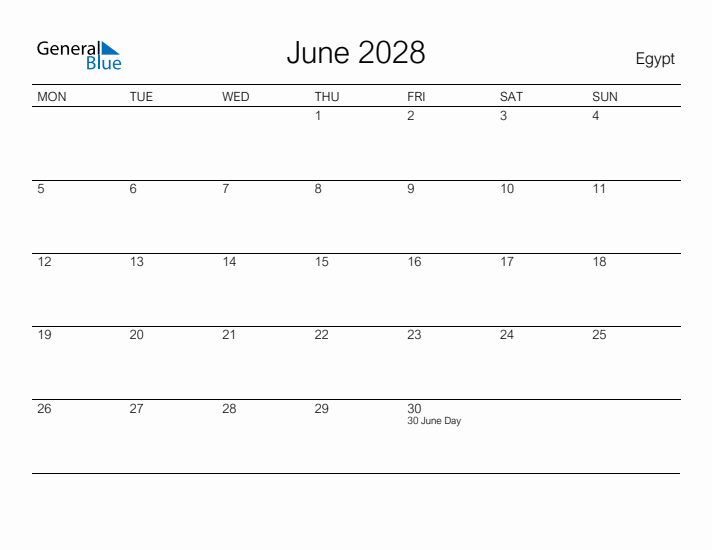 Printable June 2028 Calendar for Egypt