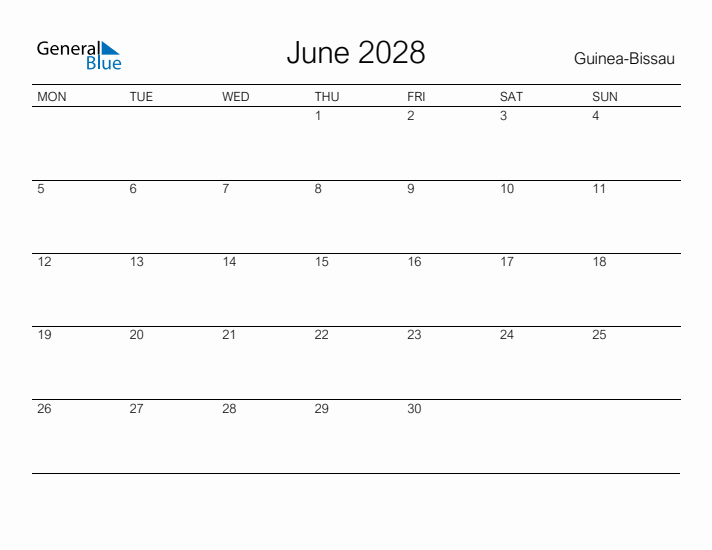 Printable June 2028 Calendar for Guinea-Bissau