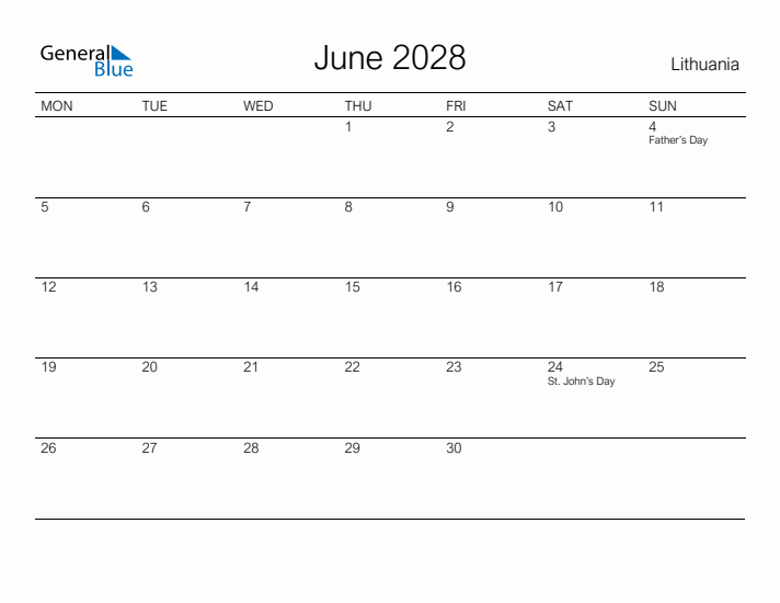 Printable June 2028 Calendar for Lithuania