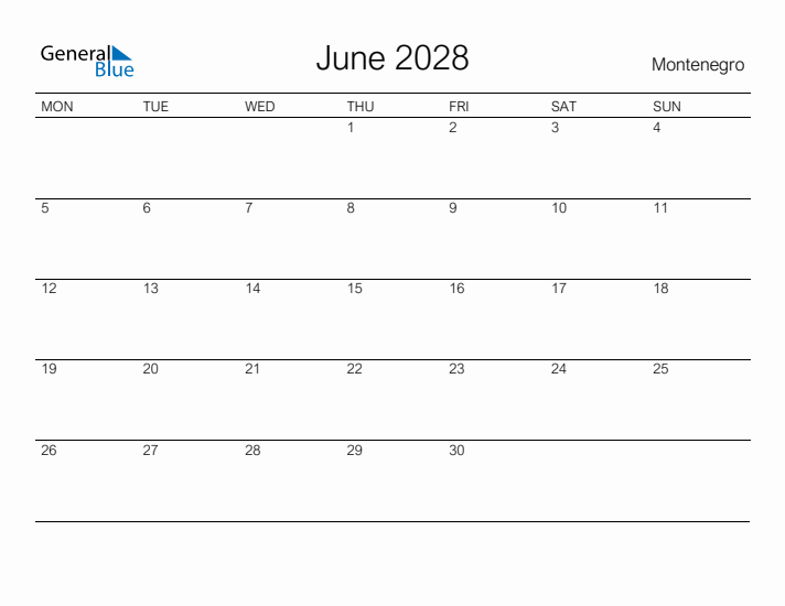 Printable June 2028 Calendar for Montenegro