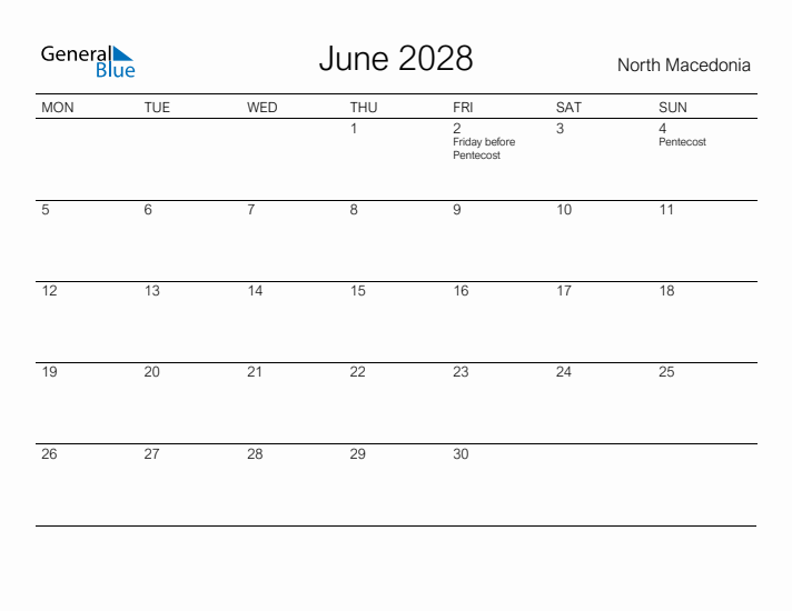 Printable June 2028 Calendar for North Macedonia