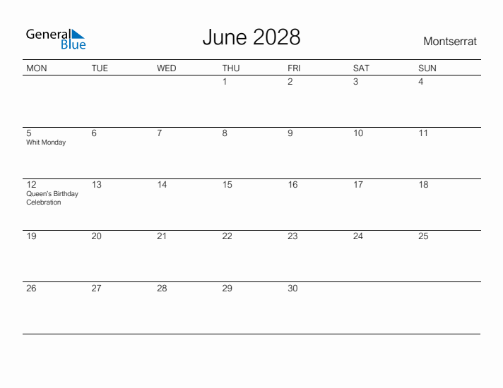 Printable June 2028 Calendar for Montserrat