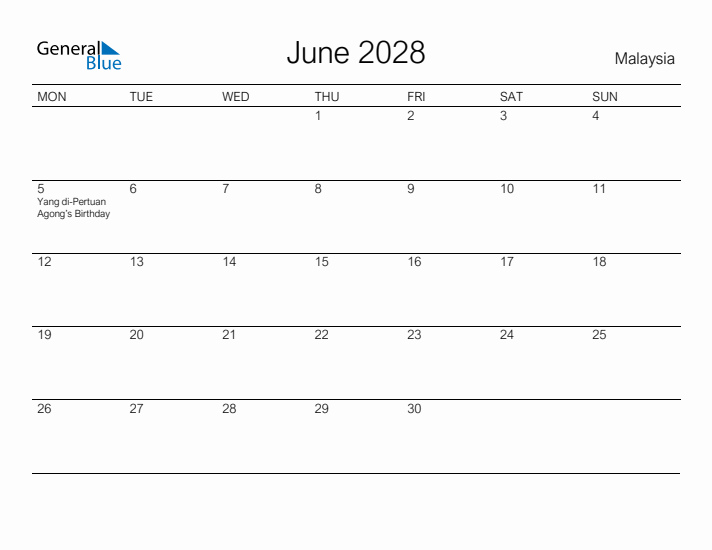 Printable June 2028 Calendar for Malaysia