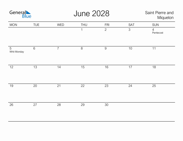 Printable June 2028 Calendar for Saint Pierre and Miquelon