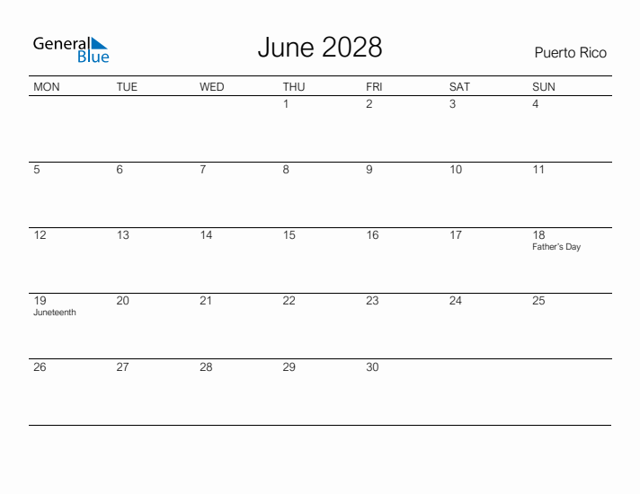 Printable June 2028 Calendar for Puerto Rico
