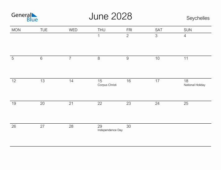 Printable June 2028 Calendar for Seychelles