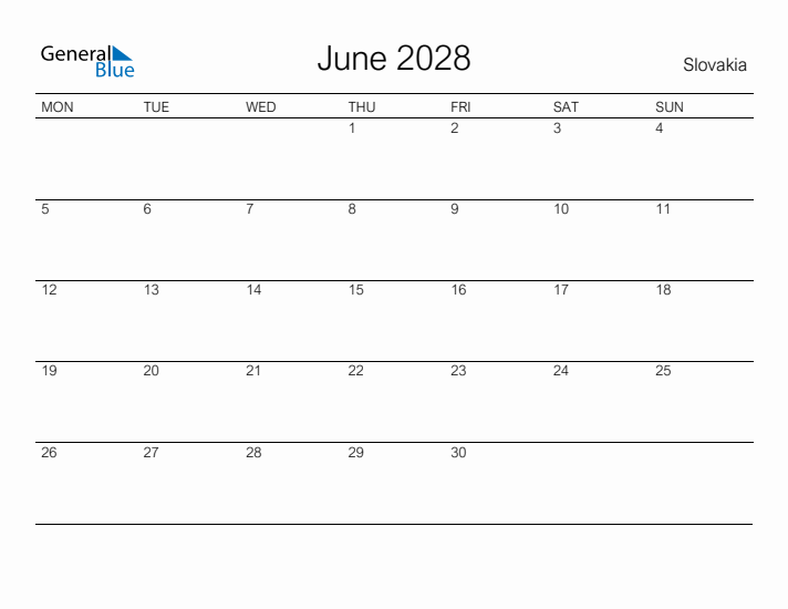 Printable June 2028 Calendar for Slovakia