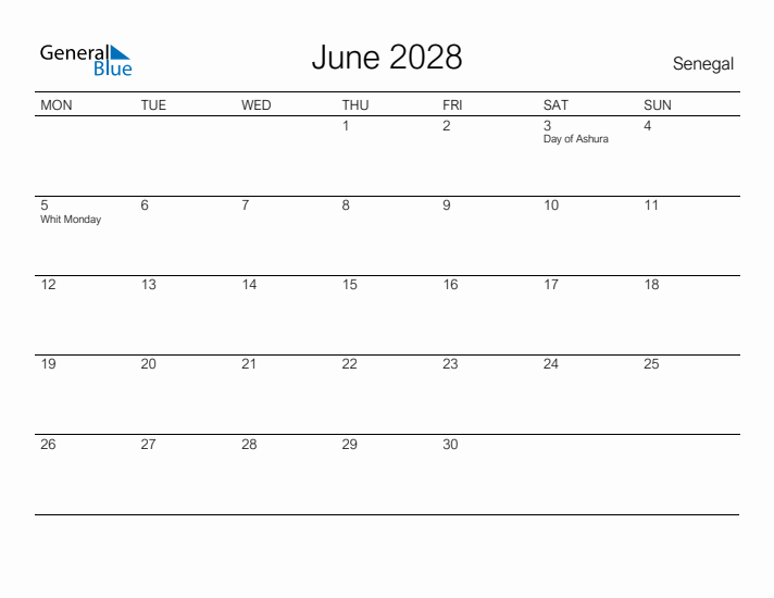Printable June 2028 Calendar for Senegal