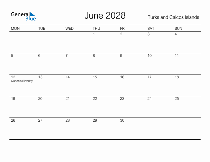 Printable June 2028 Calendar for Turks and Caicos Islands