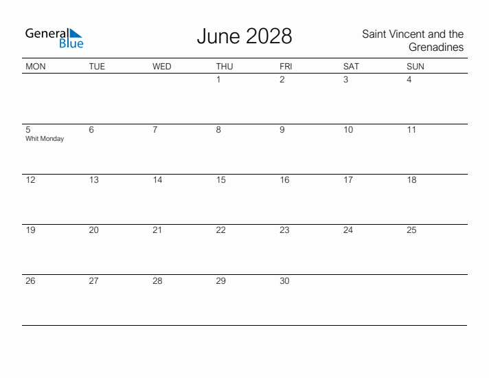 Printable June 2028 Calendar for Saint Vincent and the Grenadines