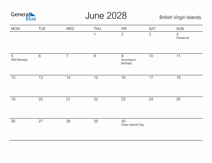 Printable June 2028 Calendar for British Virgin Islands