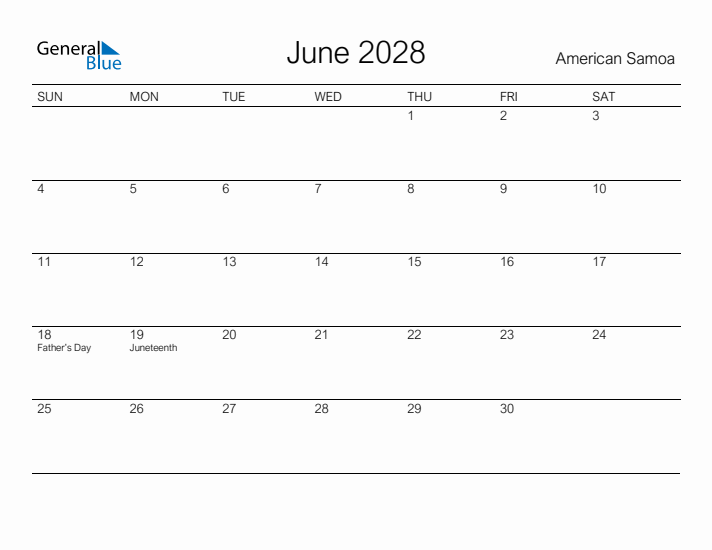 Printable June 2028 Calendar for American Samoa