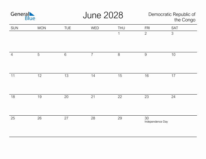 Printable June 2028 Calendar for Democratic Republic of the Congo