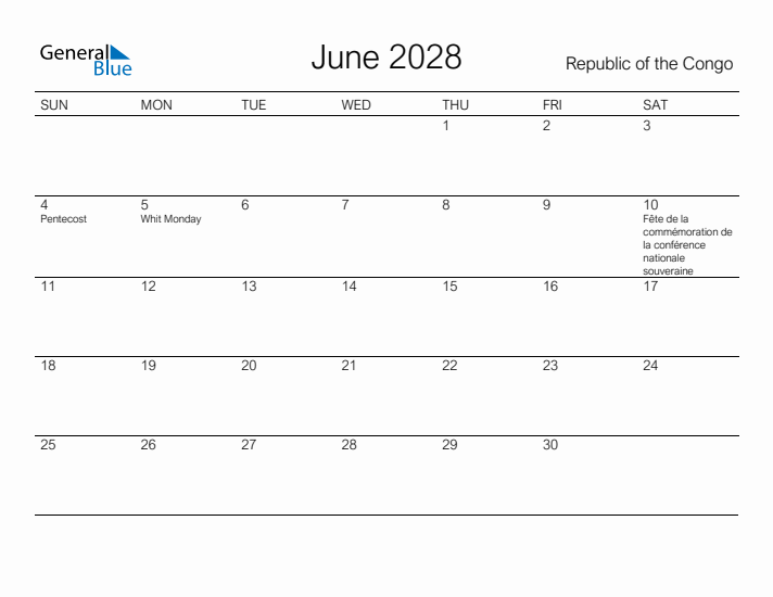 Printable June 2028 Calendar for Republic of the Congo