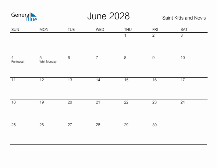 Printable June 2028 Calendar for Saint Kitts and Nevis