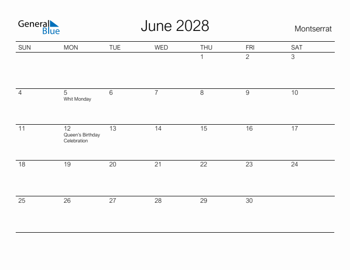 Printable June 2028 Calendar for Montserrat