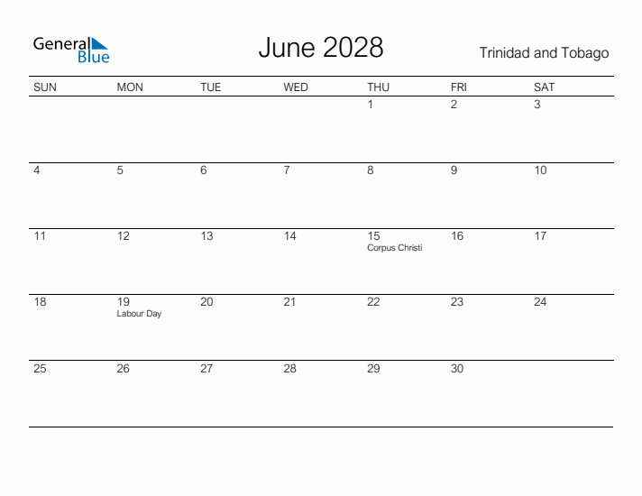 Printable June 2028 Calendar for Trinidad and Tobago