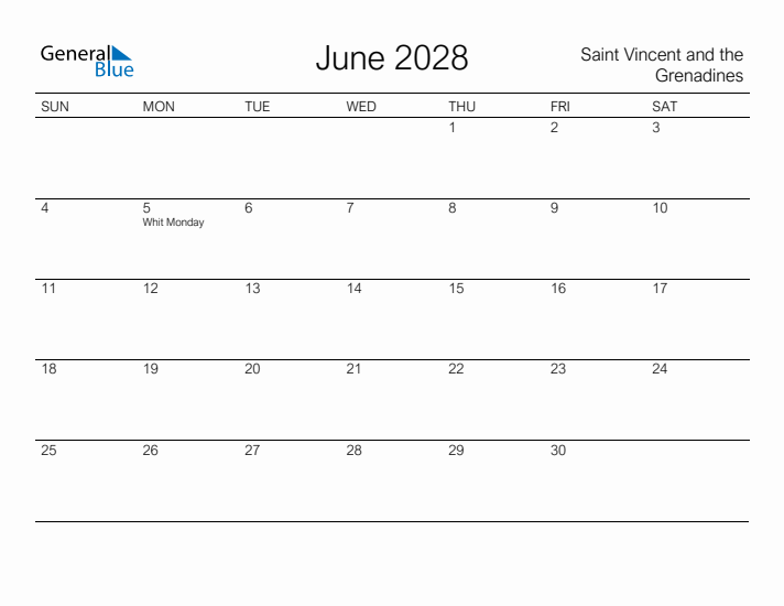 Printable June 2028 Calendar for Saint Vincent and the Grenadines