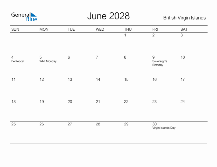 Printable June 2028 Calendar for British Virgin Islands