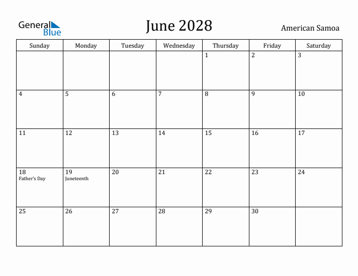 June 2028 Calendar American Samoa