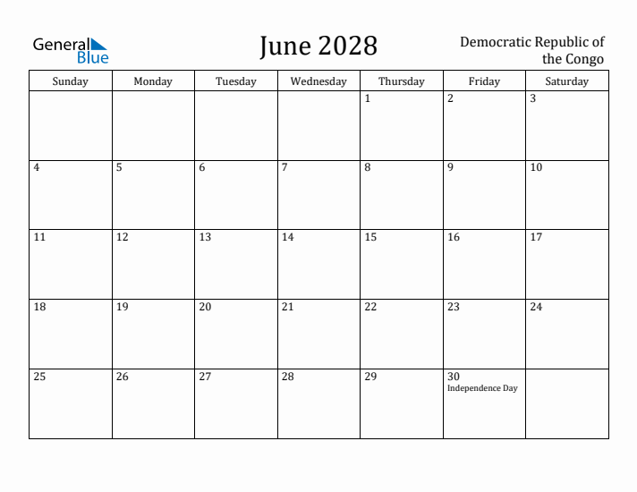 June 2028 Calendar Democratic Republic of the Congo