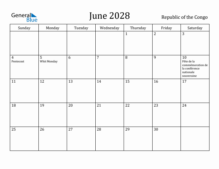 June 2028 Calendar Republic of the Congo